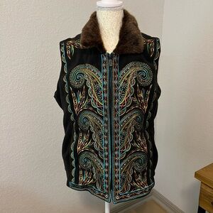 Bob Mackie Wearable Art zip up vest, faux fur collar, embroidered, vintage